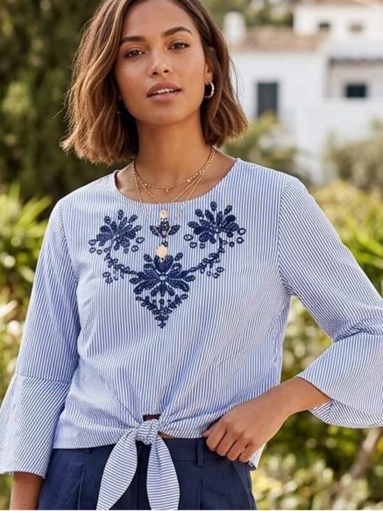 iris Tops - Blue Tie-Front Embroidered Blouse and Navy Pants Set